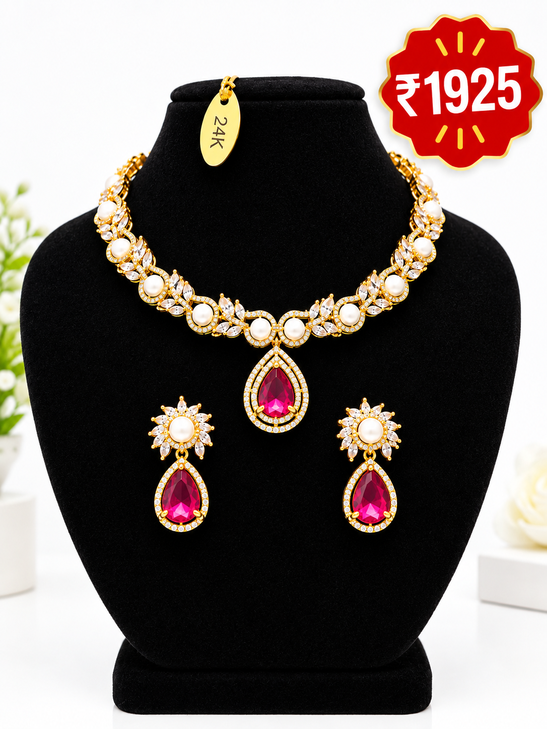 Pearl & Ruby Teardrop Necklace Set
