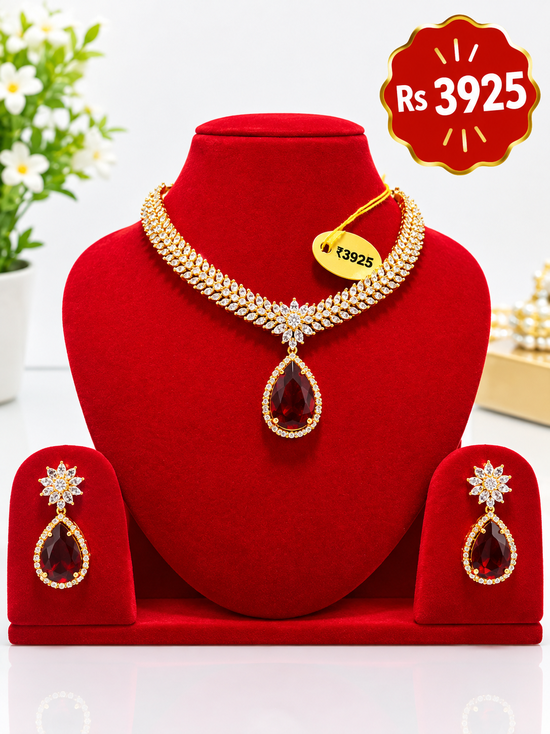 Ruby Teardrop Crystal Necklace & Earring Set
