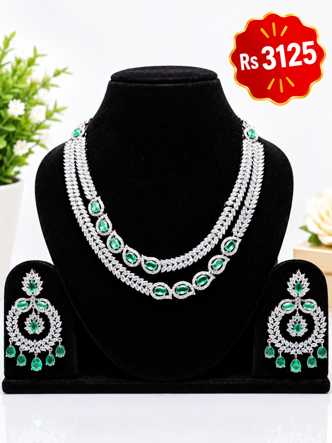 Emerald Leaf Cascade Necklace & Earring Set