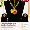 Traditional Ruby Pearl Pendant Necklace Set