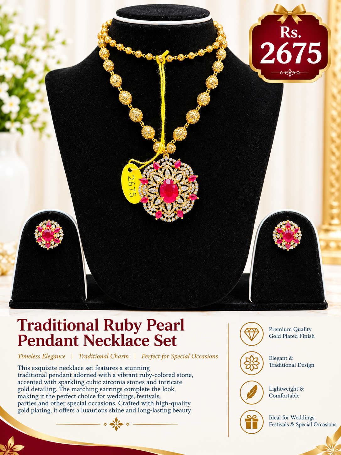 Traditional Ruby Pearl Pendant Necklace Set