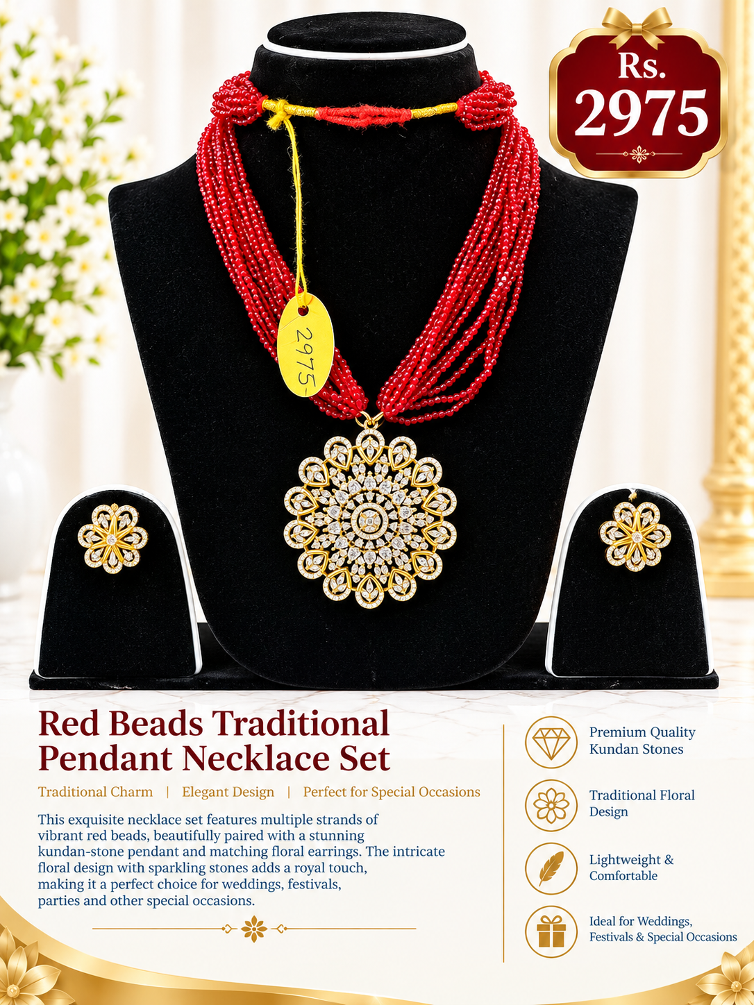 Red Beads Traditional Pendant Necklace Set